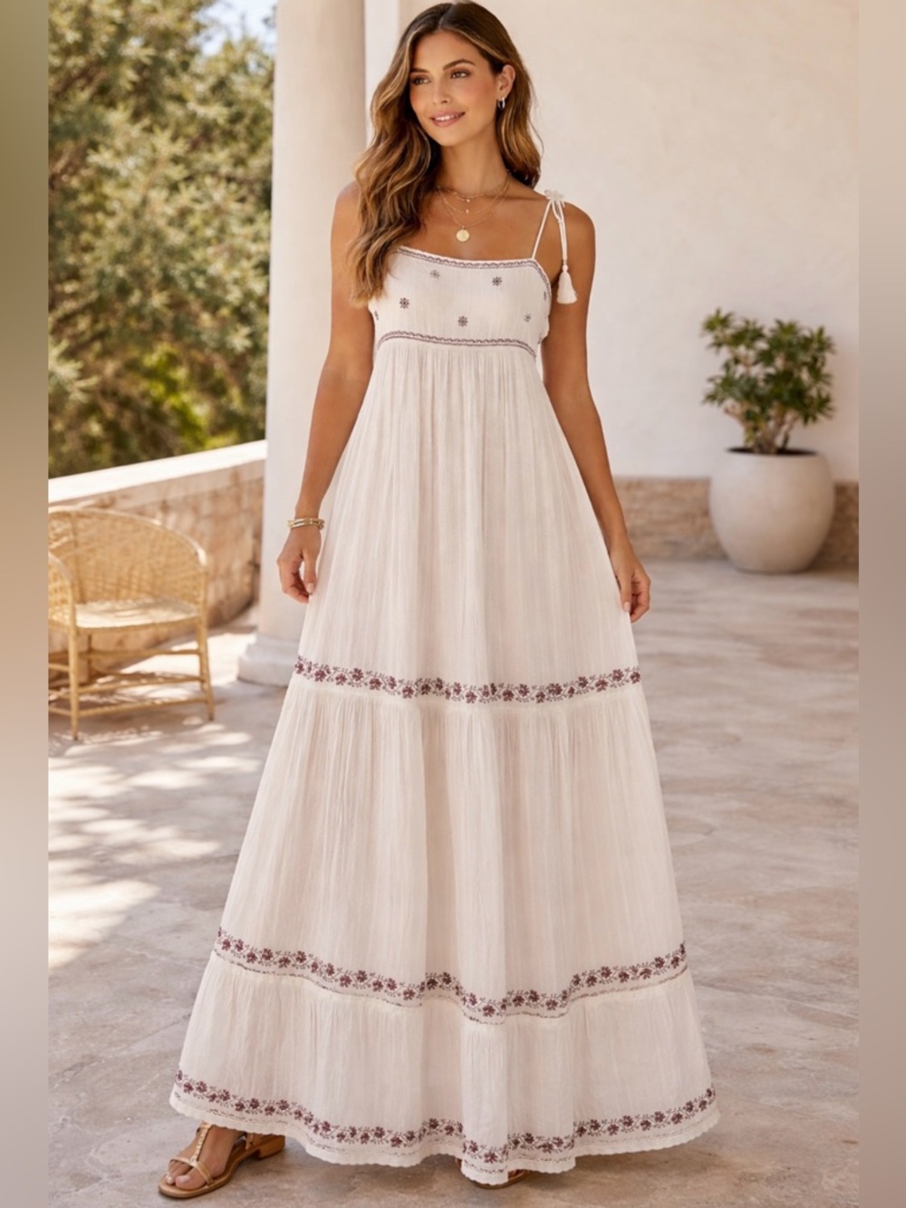 American Eagle Outfitters Cream Maxi Dress with Mauve Floral Trim